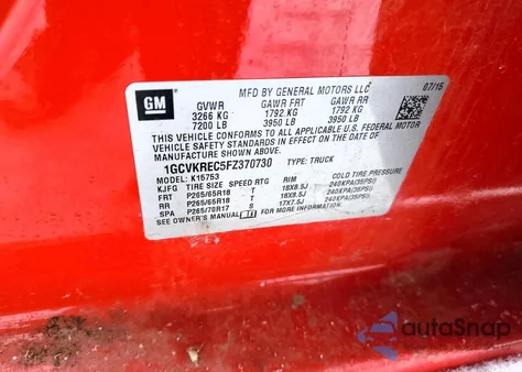 2015 Chevrolet Silverado K1500 Lt из США, поврежденный, VIN 1GCVKREC5FZ370730